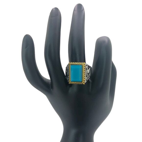 Silver and Gold Boho Ring with Blue Stone - Size 8.5 - Picture 2 of 7